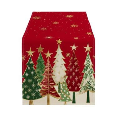 Imagem de Toalha De Mesa Retangular De Natal Vermelha Com Design De Árvore De Na