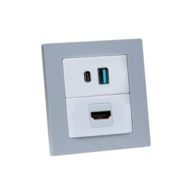 Imagem de Espelho Duplo Reto 2 USB 9.0A 1 HDMI - CONNECT CAIXA TOMADA, Cinza