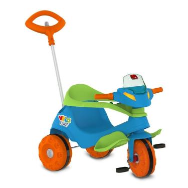 Imagem de Triciclo Infantil Velobaby Passeio e Pedal com Haste Direcionável e Cercado Azul Brinquedos Bandeirante