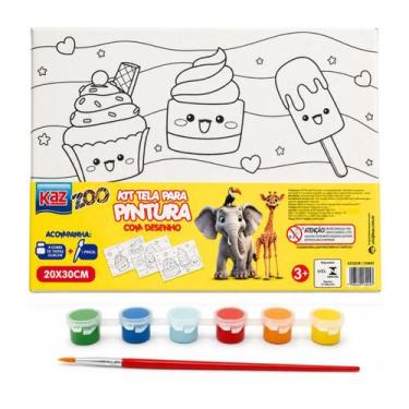 Imagem de Kit Tela Pintura Infantil Desenho Doces 20x30 6 Cores Pincel - Kaz