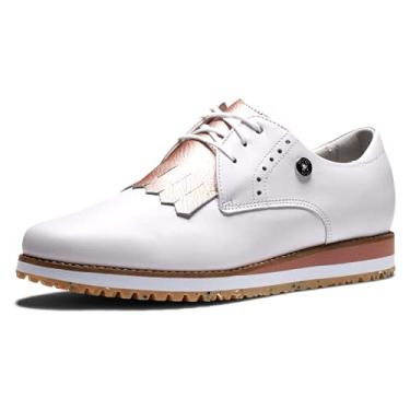 Imagem de FootJoy Sapato de golfe feminino esportivo retrô na temporada anterior, Branco/ouro rosa/branco, 10