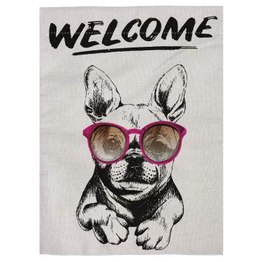 Imagem de Pingpi Bandeira de jardim de estopa dupla face com buldogue francês usando óculos de sol 31,75 x 45,72 cm