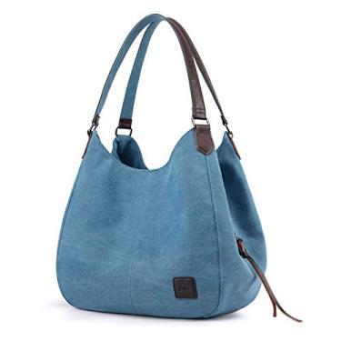 Imagem de DOURR Bolsa de ombro feminina com vários bolsos, bolsa de mão moderna de lona de algodão, Azul - Tamanho grande, Medium