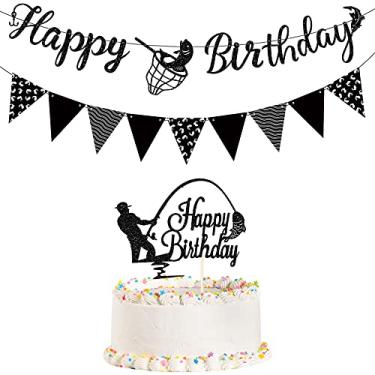 Imagem de 3 peças preto glitter pesca faixa de aniversário pescador feliz aniversário topo de bolo vá pescar triângulo banner decoração de bolo de pescador para tema de pesca suprimentos de festa de aniversário
