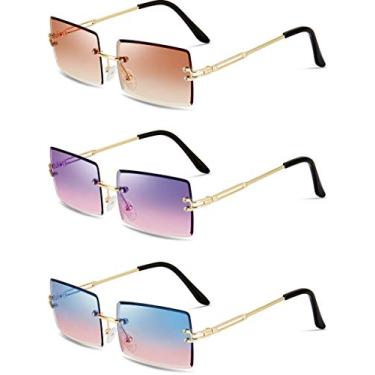 Imagem de 3 pares de óculos de sol retangulares sem aro matizados sem moldura vintage transparente retangular Y2K óculos para mulheres e homens, Chá, roxo, rosa, azul e rosa
