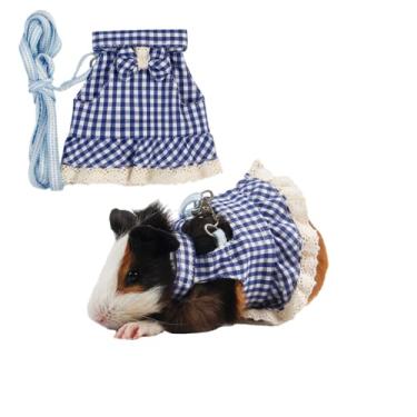 Imagem de Barn Eleven Arnês xadrez ajustável para furão, chinchila, porquinho-da-índia, hamster e animais pequenos semelhantes, com trela xadrez para hamster, disponível em azul e rosa, tamanho grande