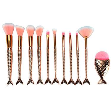 Imagem de Kit 11 Pinceis para Maquiagem Sereia Calda De Peixe Dourado CBRN11421