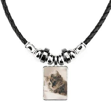 Imagem de DIYthinker Colar com foto de gato cinza animal gatinho joia Torque pingente de corda de couro