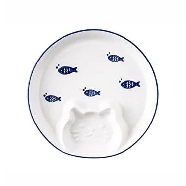 Imagem de GUIPAIHAI Placa de bolinho de massa com estampa criativa de gato prato de cerâmica prato doméstico jantar camarão (cor: azul)