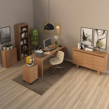Imagem de Conjunto Home Office Mesa, Gaveteiro, Estante, Balcão 2 Portas e Balcão 3 Portas Espresso Móveis Amendoa