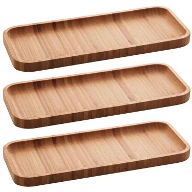 Imagem de Kit 3 Petisqueiras de Bambu Bandeja Retangular 28x11cm Prato Petisco Salgados Hire Lyor