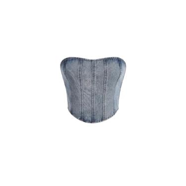 Imagem de Milumia Top feminino com zíper nas costas jeans sem alças sexy bandeau cropped tops, Azul claro, GG