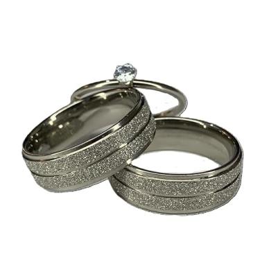 Imagem de Alianças Prata Par Italianas Diamantadas Jateadas 8mm em Aço Inox Exclusivas Casamento Namoro Noivado Compromisso com Caixa de Veludo e Anel Solitario com Pedra de Zirconia