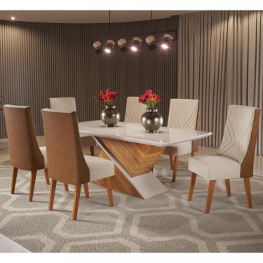 Imagem de Conjunto Sala de Jantar Mesa Glamurosa 6 Cadeiras Topazio Viero - Mel/Off White/Linho Bronze