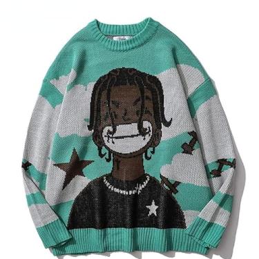 Imagem de Suéter masculino de malha anime rapper grande rock hip hop moda estética pulôver feminino suéter feio, Verde, X-Large