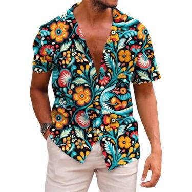 Imagem de KYKU Camisa masculina México divertida de praia havaiana com botões e manga curta, A - camisa de flor, XXG