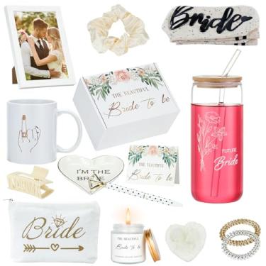 Imagem de WEDNGGF Caixa de presentes Bride To Be para chás de panela e despedidas de solteira, incluindo copo de vidro, caneca e vela perfumada