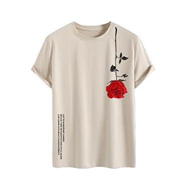 Imagem de SOLY HUX Camisetas masculinas estampadas com estampa floral de gola redonda camisetas de manga curta vintage verão tops, Estampa cáqui, XXG