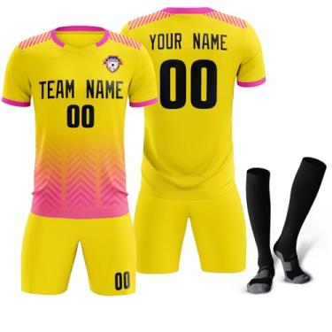 Imagem de Camiseta de futebol personalizada para homens, mulheres e crianças, camisetas e shorts de futebol personalizados com logotipo de número de nome, Amarelo e rosa - 33, One Size