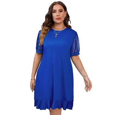 Imagem de ShopWonder Vestido feminino plus size verão casual malha transparente manga bufante gola redonda rodada vestidos midi evasê, Azul, XXG