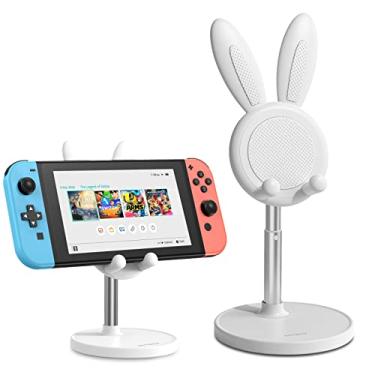Imagem de OATSBASF Suporte Switch para Nintendo, suporte ajustável de telefone de coelho fofo para mesa, suporte de telefone Kawaii, compatível com todos os telefones celulares, iPhone, Kindle, iPad, Switch, tablets (branco B)