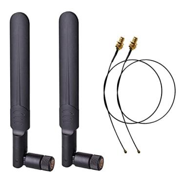 Imagem de 2 antenas macho 8dBi 2,4GHz 5GHz 5,8GHz WiFi RP-SMA de banda dupla + 2 x 35 cm U.FL/IPEX para RP SMA cabo pigtail fêmea para mini cartão PCIe, roteadores sem fio, repetidor de PC, desktop FPV UAV