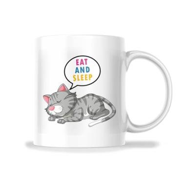 Imagem de Caneca de gato comer e dormir - Caneca de presente de gato fofo dormindo para amantes de gatos - Caneca de 325 ml Ótimo presente para férias, aniversário, Natal - Caneca de sublimação de tinta