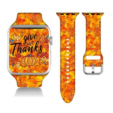 Imagem de Compatível com folhas de outono de Ação de Graças Apple Watch 38/40/41/42/44/45mm para mulheres homens, decorações de presentes de ação de graças de silicone macio pulseira de substituição para iWatch séries 7 6 5 4 3 2 1 SE.42mm/44mm/45mm