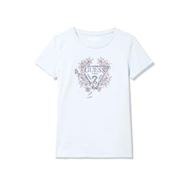 Imagem de GUESS Camiseta feminina com logotipo triangular floral de algodão orgânico, Névoa de cachoeira, 16 Anos