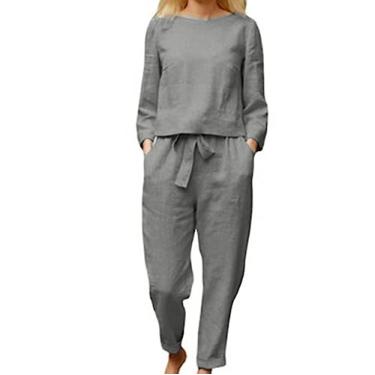 Imagem de Conjuntos femininos de ajuste solto, camisetas e calças para mulheres, conjunto de linho, 2 peças, outono e verão 2024, Y-843 cinza, P