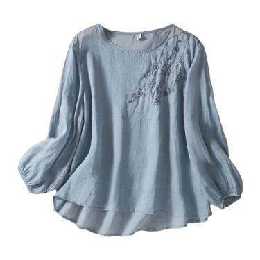 Imagem de Blusa feminina de verão 2024 elegante casual de linho bordada túnica gola redonda camisas de manga comprida plus size, Azul-celeste, G