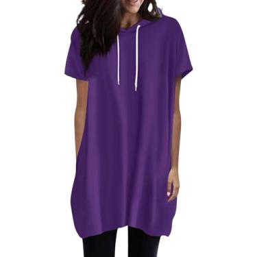 Imagem de Nagub Camisetas femininas grandes de manga curta com cordão e capuz de verão folgadas túnica casual com bolso 2024, #Roxo 1, 3G