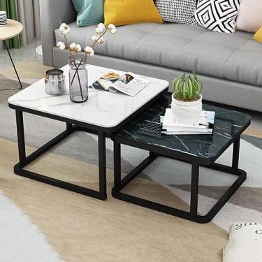 Imagem de Conjunto de mesa de centro aninhada com 2 mesas laterais empilháveis, tampo de mesa de vidro temperado liso com efeito de mármore para sala de estar, mesas de sofá de metal, moldura preta, 7