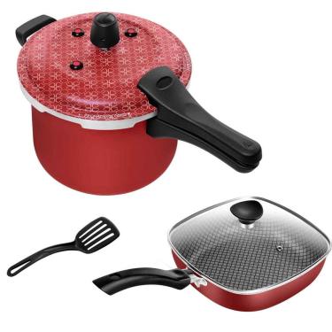 Imagem de Kit Frigideira Quadrada Antiaderente Funda N° 23 + Panela De Pressão Fechamento Externo 5L Vermelho Patolux