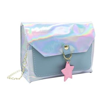 Imagem de RARITYUS Bolsa tiracolo holográfica prateada para meninas e mulheres, bolsa de mão metálica, bolsa de ombro com pingente de estrela, Azul, One Size
