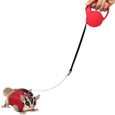 Imagem de La La Pet® Conjunto de arnês e coleira retrátil ajustável para animais pequenos, conjunto de coleira e coleira para hamster com corrente de metal para atividades ao ar livre, vermelho, M