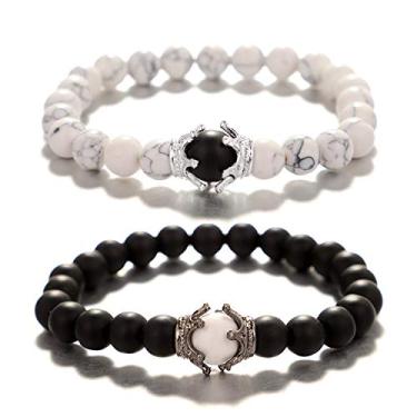 Imagem de UEUC Pulseira King & Queen Crown Distance Casal His and Her Friendship Pulseira com contas de 8 mm, Metal Pedra, Pedra