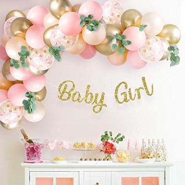 Imagem de Sweet Baby Co. Decorações de chá de bebê para meninas com guirlanda de arco de balão rosa, decoração de banner para bebê, verde de eucalipto, rosa claro, blush pêssego, dourado, balões de confete