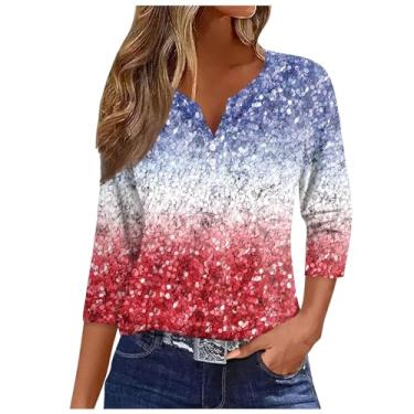 Imagem de Camiseta feminina com bandeira dos EUA, manga 3/4, gola V, botões, blusas, 4 de julho, Memorial Day, Prata, GG