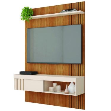 Imagem de Painel Ripado Para TV Até 45 Polegadas Com Prateleira e Nicho Manu Madeirado/Off White Caemmun