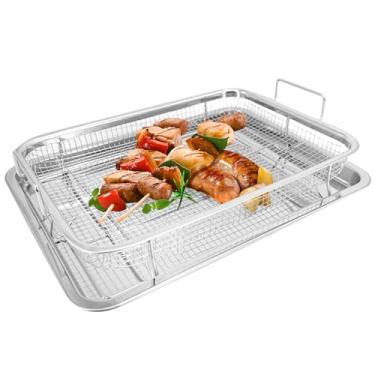 Imagem de Cesta grande de fritadeira a ar com bandeja para forno, 30 x 22 cm, conjunto de cesta e bandeja de fritadeira antiaderente, bandeja de fritadeira a ar com assadeira, prata
