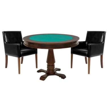 Imagem de Mesa de Jogos Carteado Victoria Redonda Tampo Reversível Imbuia com 2 Cadeiras Liverpool PU Preto Liso - Gran Belo