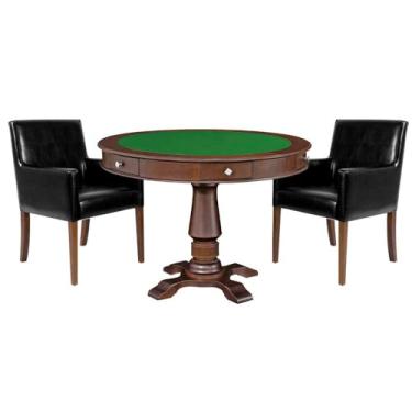 Imagem de Mesa de Jogos Carteado Victoria Redonda Tampo Reversível Imbuia com Kit 2 Cadeiras Liverpool PU Preto Liso - Gran Belo