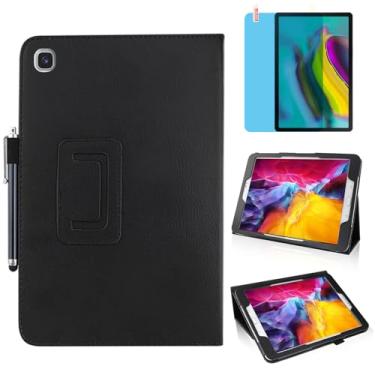 Imagem de Capa de couro fina para Samsung Galaxy Tab A7 10,4 polegadas 2020 (SM-T500 T505 T507), suporte de vários ângulos, capa protetora completa para tablet com caneta Stylus, película de tela (preto)