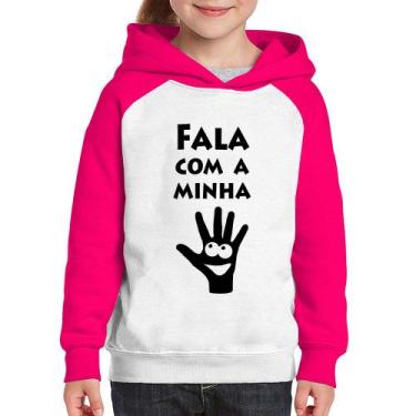 Imagem de Moletom Infantil Fala Com a Minha Mão - Foca na Moda, Branco, Rosa, 2