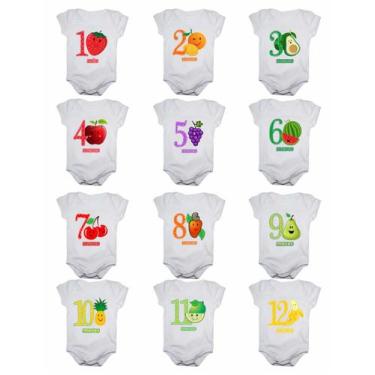 Imagem de Kit Body Mesversario Manga Curta Frutas 12 Bodies de Bebê De 1 a 12 Me