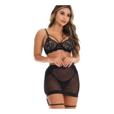 Imagem de Conjunto Lingerie Sensual Sexy 3 Peças Com Calcinha Saia Tule - Aunika