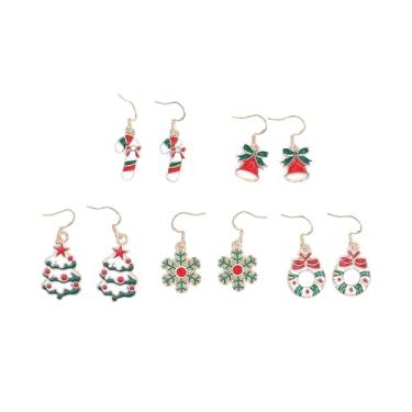 Imagem de Conjunto de 5 pares de brincos de árvore de floco de neve de Natal, guirlanda de doces de gengibre, guirlanda de doces exclusivos, arco de boneco de neve, presente de joias de Natal, Large, Liga de