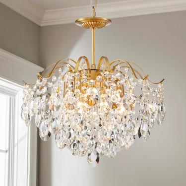 Imagem de AGV LIGHTING CH012CO Lustre de cristal K9, lustre de gota de chuva, luz de cristais, iluminação pendente moderna, base E12 6 luzes, moldura de metal com acabamento em latão