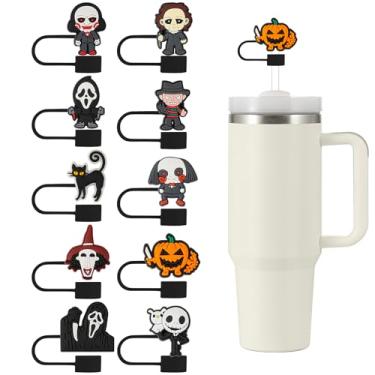 Imagem de 10 peças de tampa de palha para Stanley Cup, 10 mm preto filme de terror silicone reutilizável topo de palha compatível com Stanley copo de 30 e 1,134 g com alça, acessórios de copo Stanley de